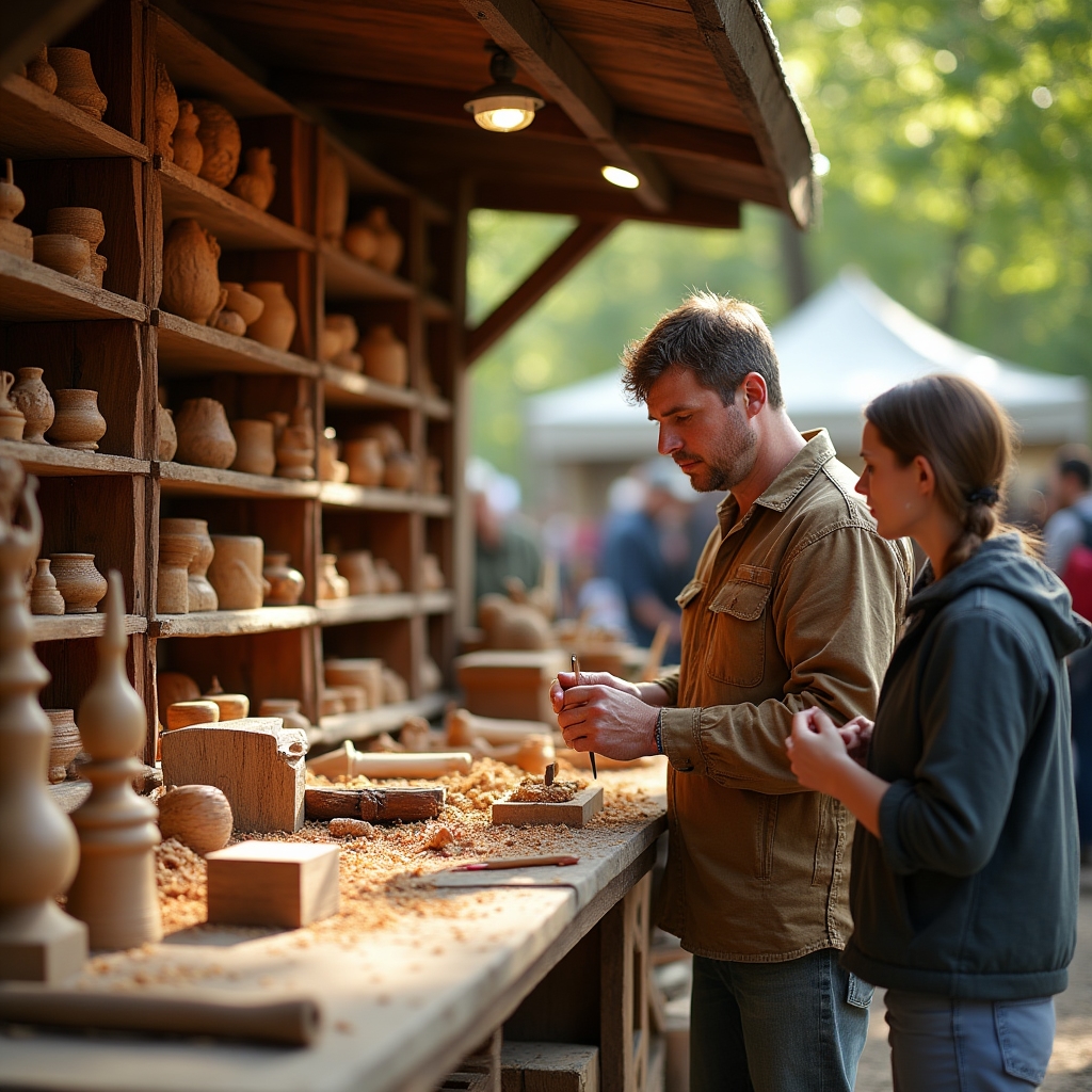 Stoisko z rzeźbami drewnianymi na festiwalu rzemiosła